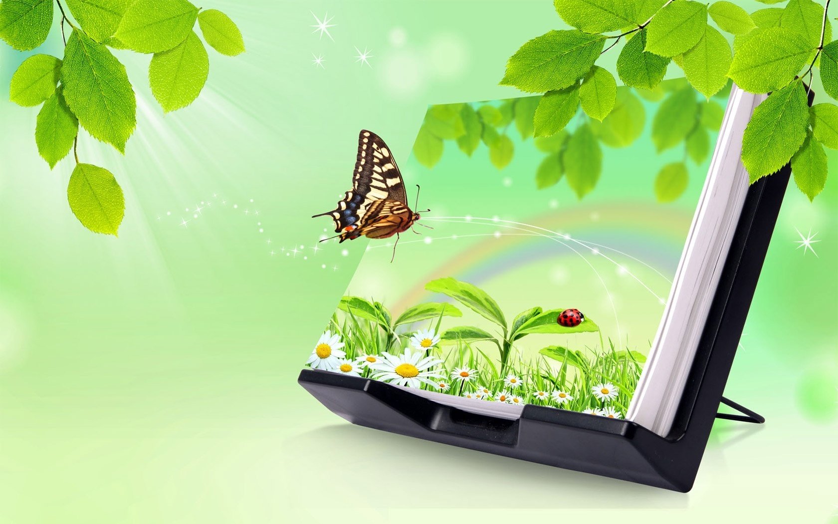 fusión con la naturaleza nuevas tecnologías mariposa verano margaritas mariquita hojas verde positivo creativo