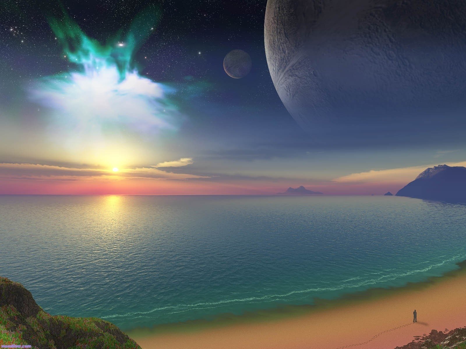 helle blitze rosa sonnenuntergang planeten meer horizont sonnenuntergang küste himmel sterne
