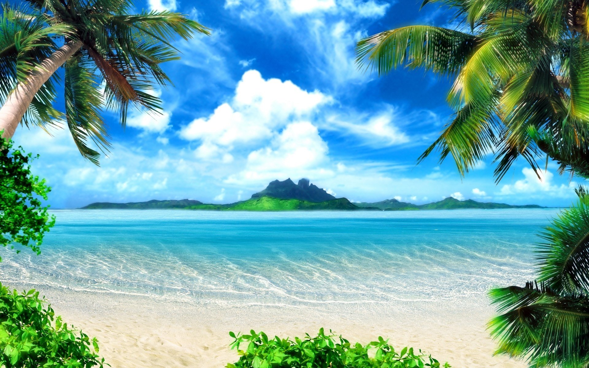 wirbelnde wolken paradies blaues wasser strand wasser himmel palmen meer insel vegetation grün sand côte d azur paradies küste küste tropen resort