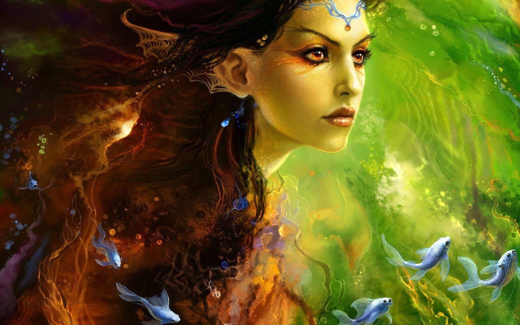 underwater beauty blue fish long hair