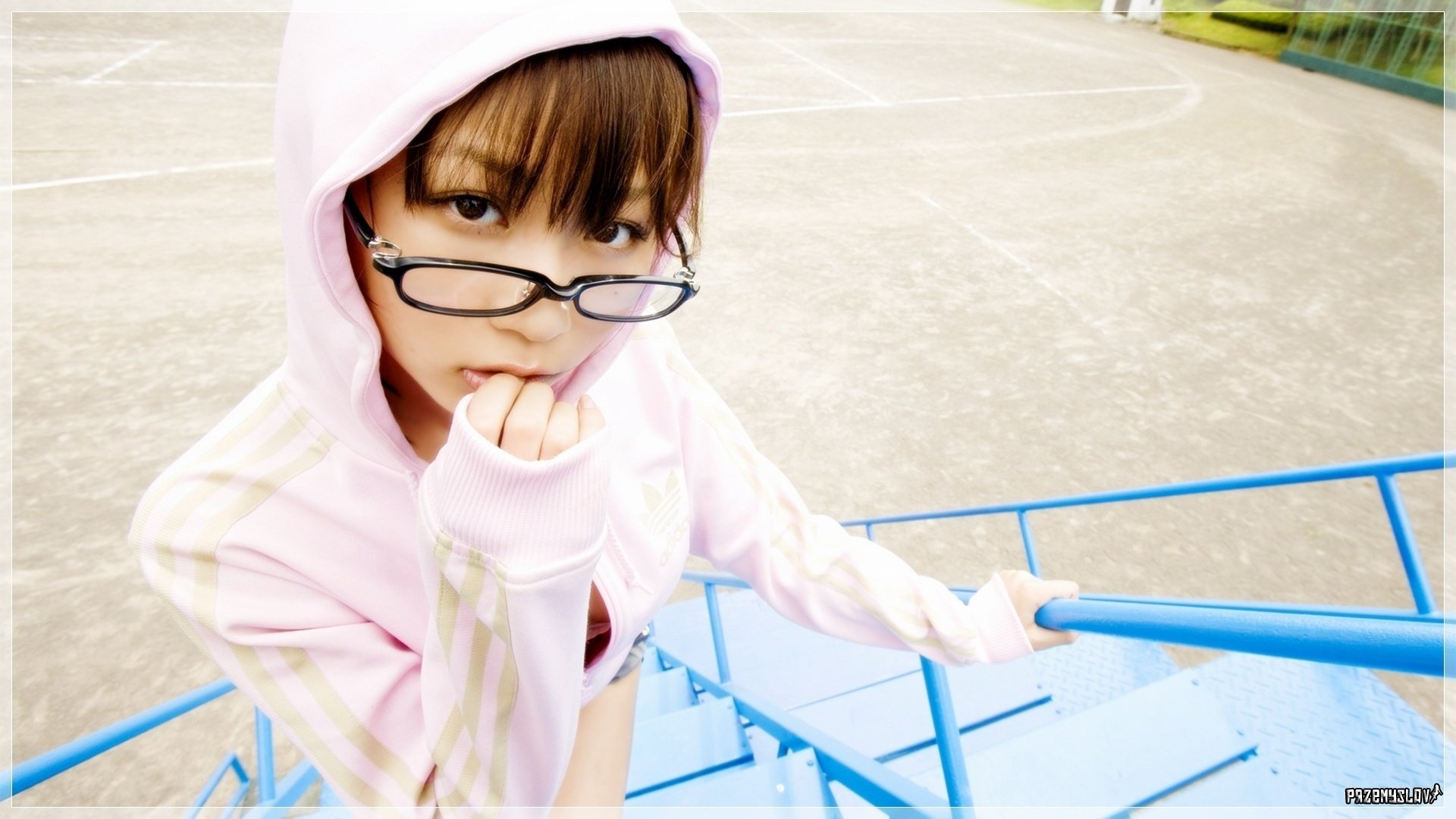 black sunglasses on the stairs girl portrait look eyes asphalt face glasse
