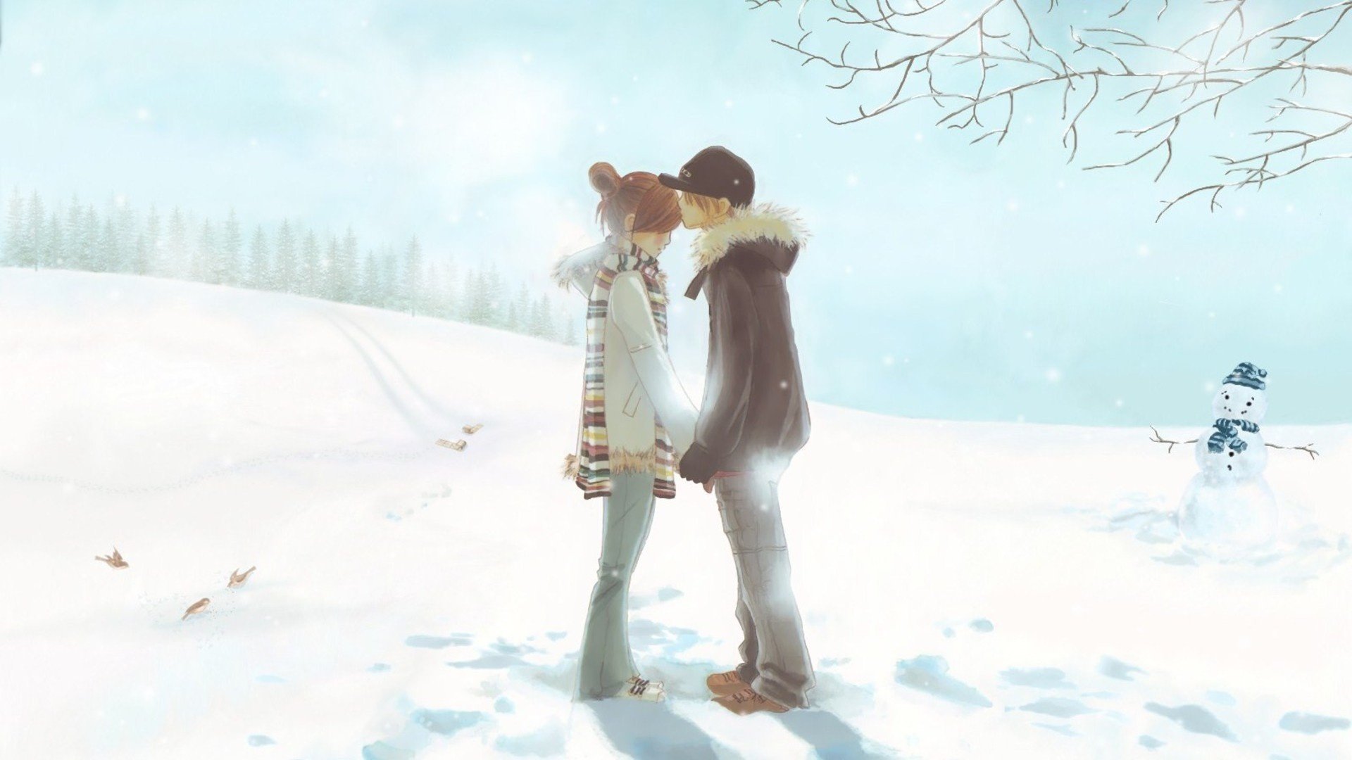 teenagers winter time the sun romance tenderness passion feelings love date meeting lovers pair drawings anime