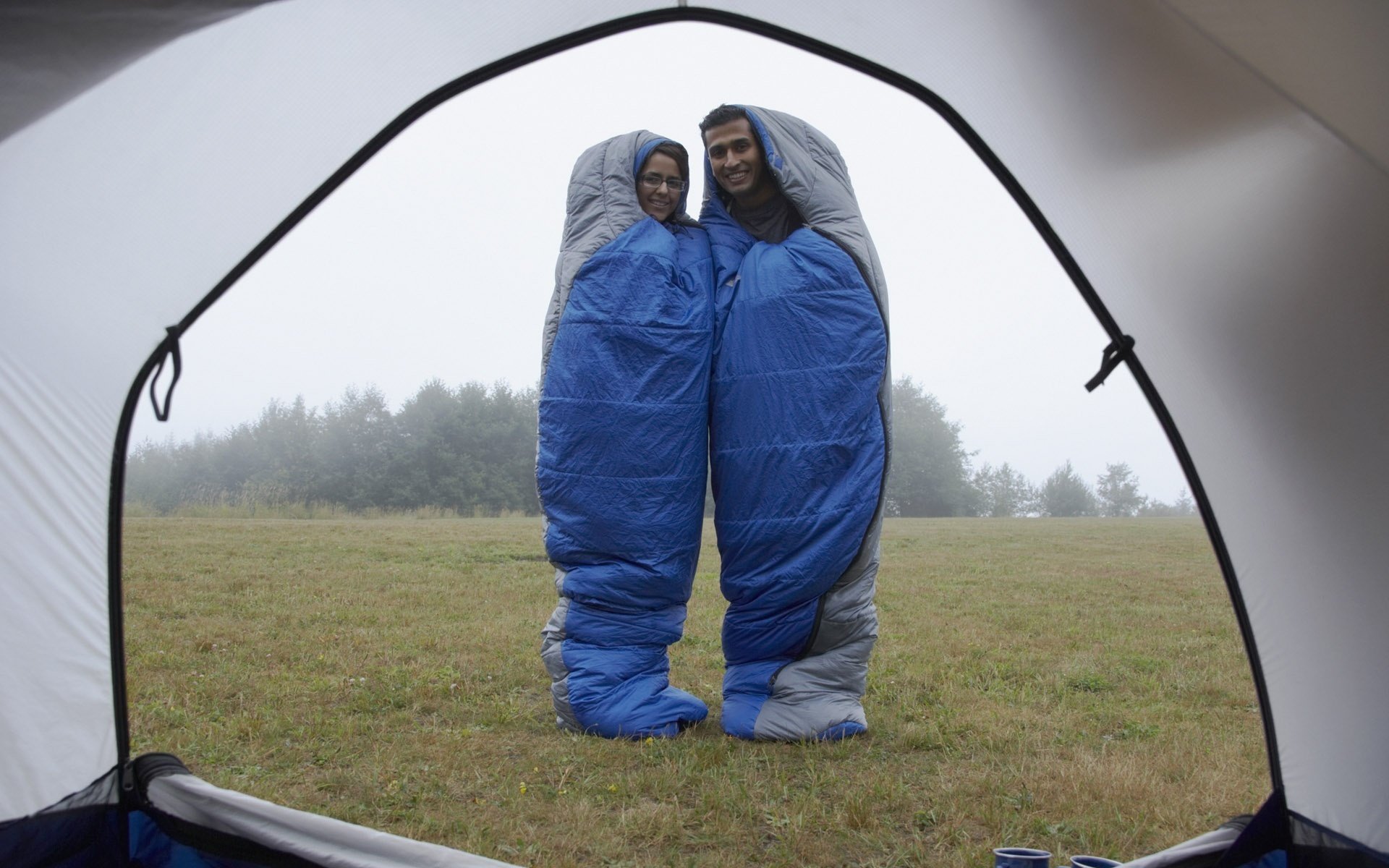 leeping bags morning nature two romance tenderness passion feelings love date meeting lovers pair men women