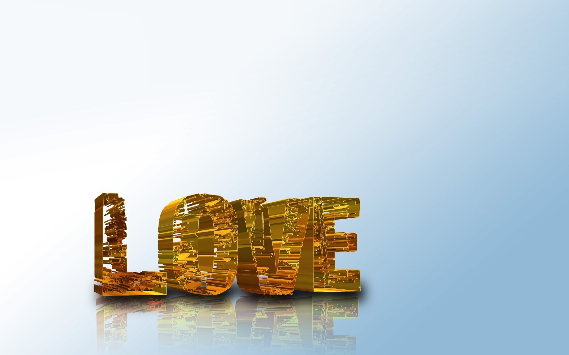 a blue and white background three-dimensional letters love gold the word reflection