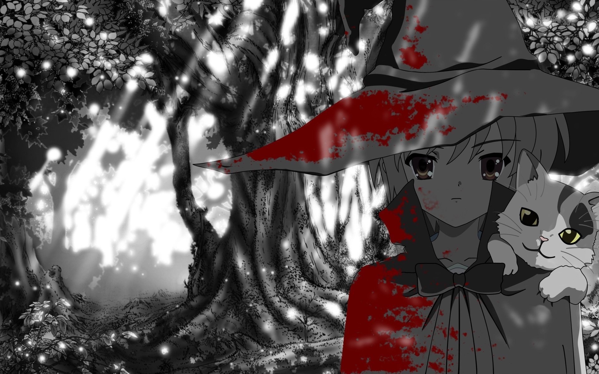 cartoon gezeichnete heldin katze wald eiche hut anime kätzchen zeichnungen augen-2 augen-a hexe