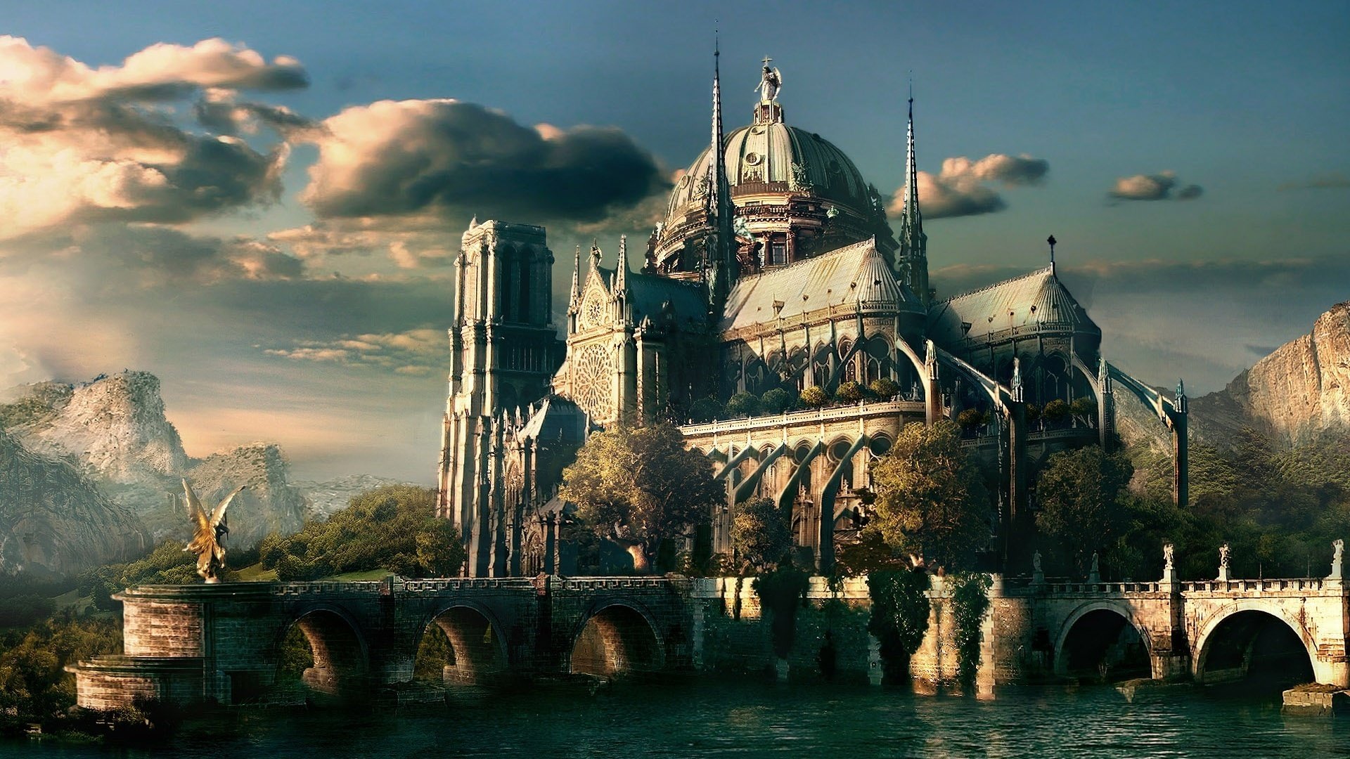 castillo en el agua nubes puente