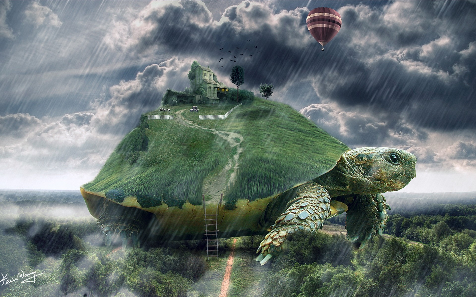 art tortue pluie maison géant escalier