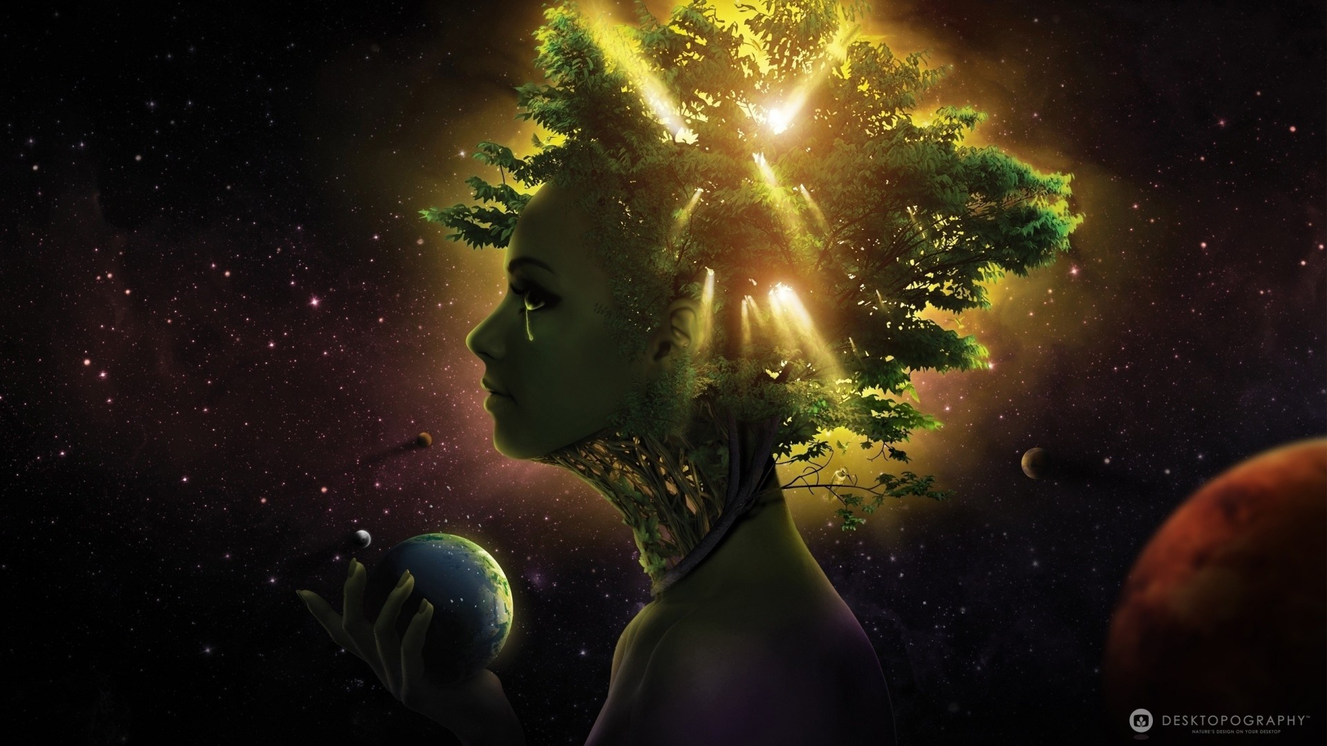 statua della libertà ragazza verde lacrime pianeta spazio corona