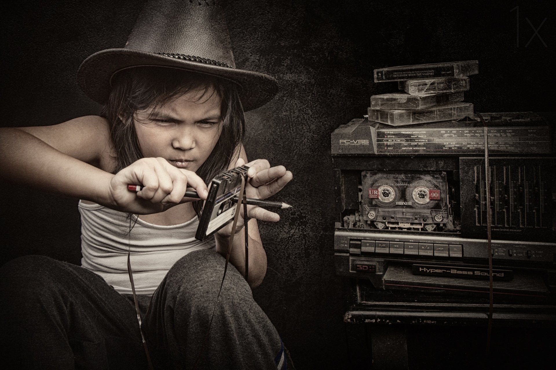 girl cassette tape recorder rewind