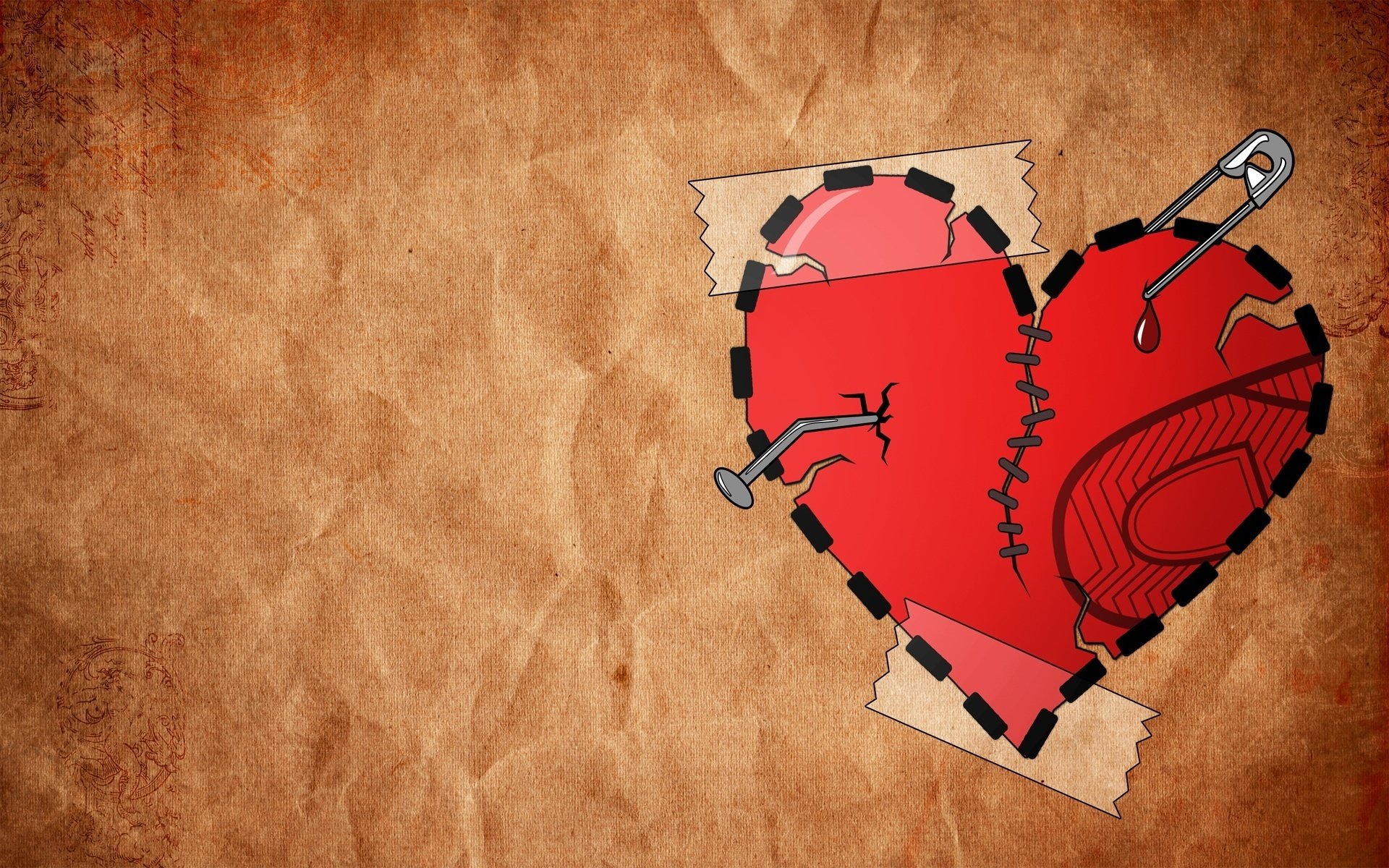 corazón dibujado cosido perforado roto pin dolor patrón cinta adhesiva pared sangre