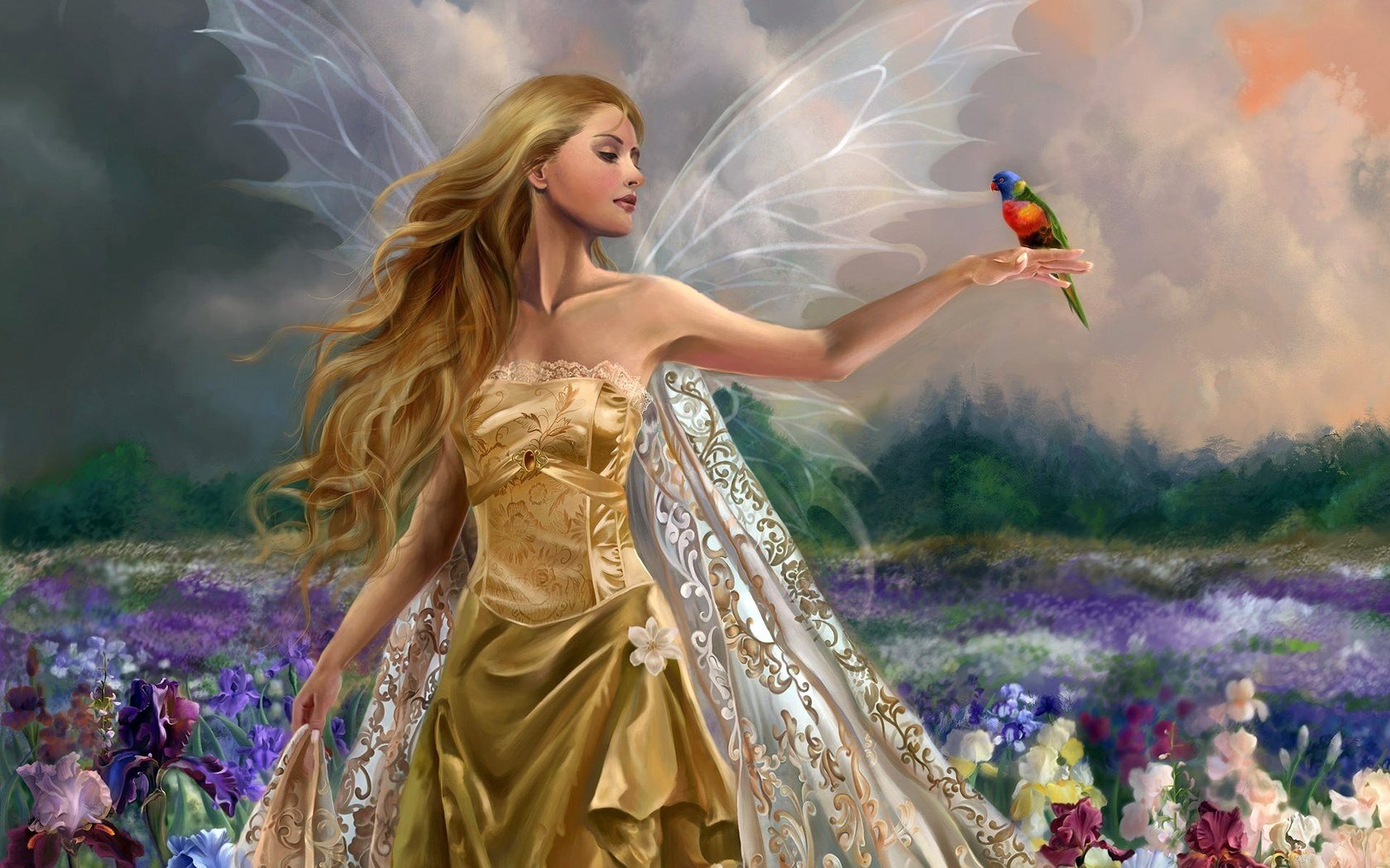 pinturas borrosas chal de encaje rizos dorados flores hada chica pelo pájaro cuento de hadas magia jardín vestido princesa belleza