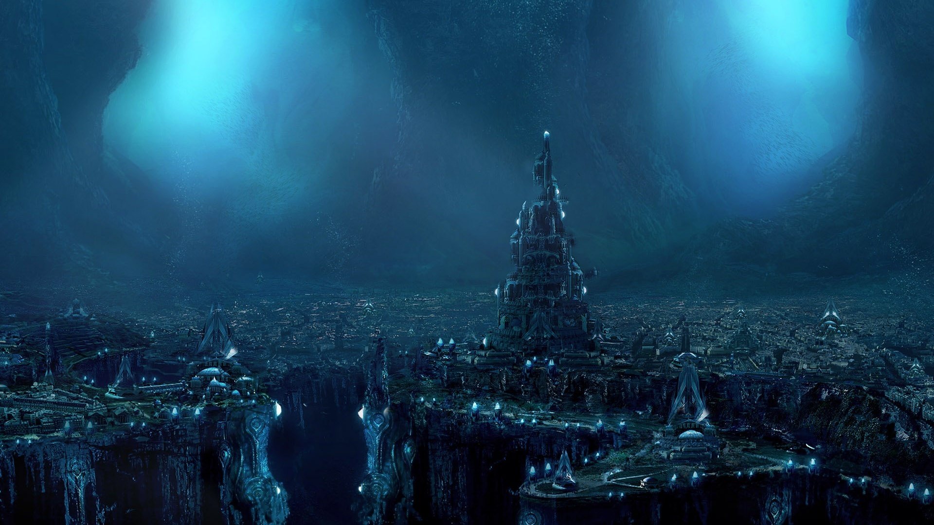 ciudad subterránea acantilados luces ciudad mundo submarino agua mar océano