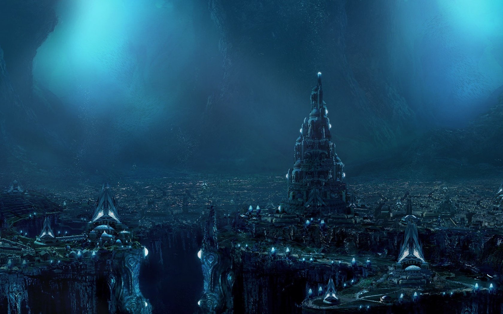blue haze fantastic structure night city