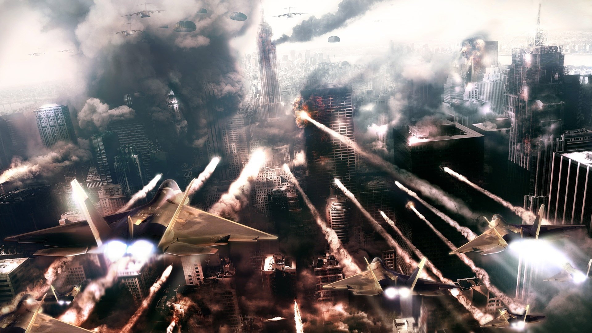 missiles in the smoke megapolis fighters shooting aircraft high-rise buildings drawings anime