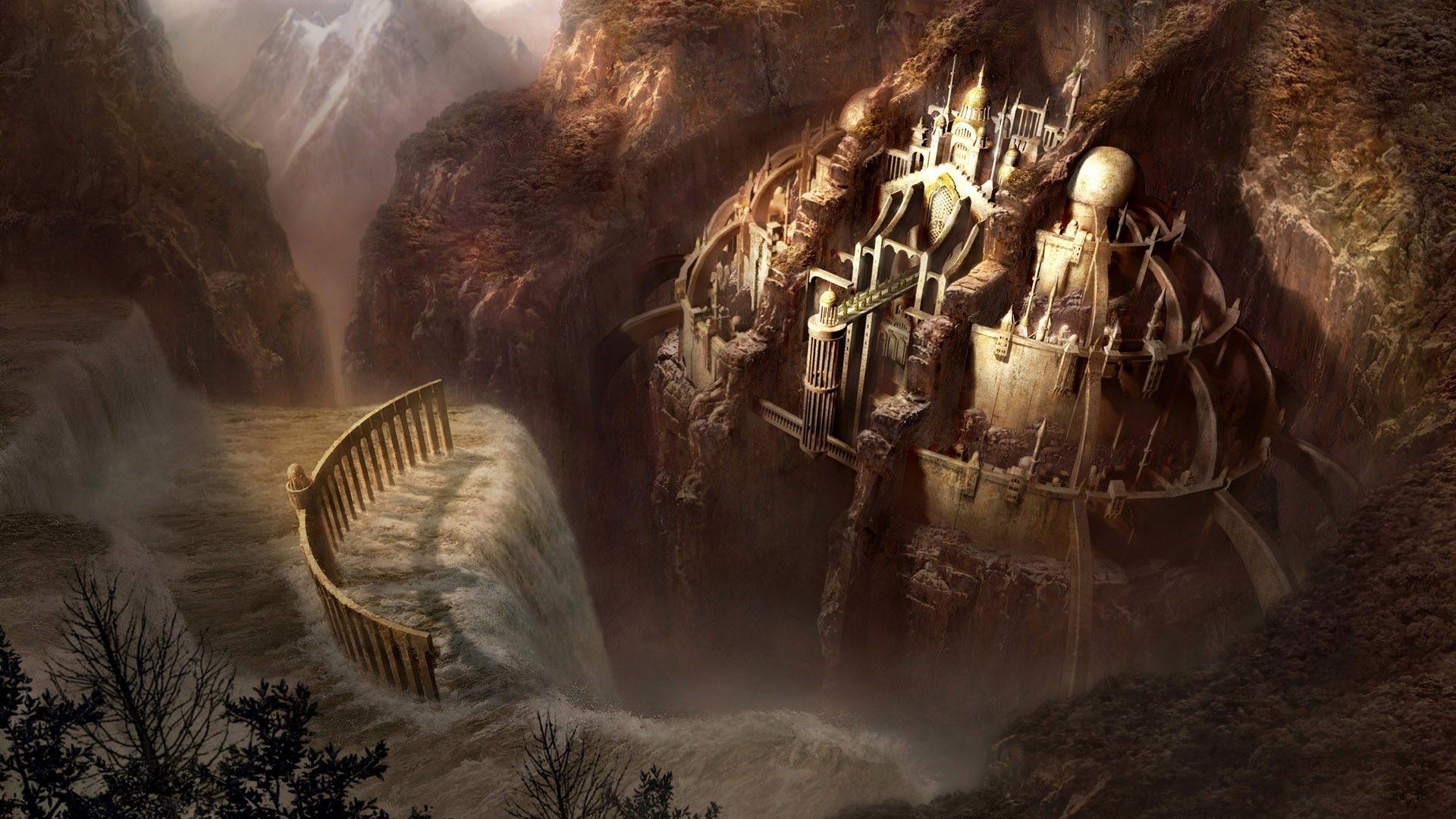 hidden castle building in the rock waterfall