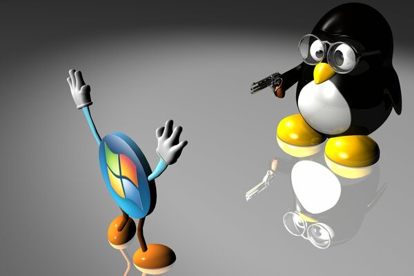 Der Pinguin richtete eine Pistole auf das Windows-Logo