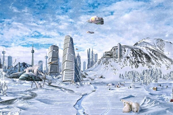 Snow city with flying cars