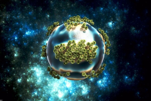 Sfondo creativo del pianeta con palme, bagliore del cielo stellato dell universo