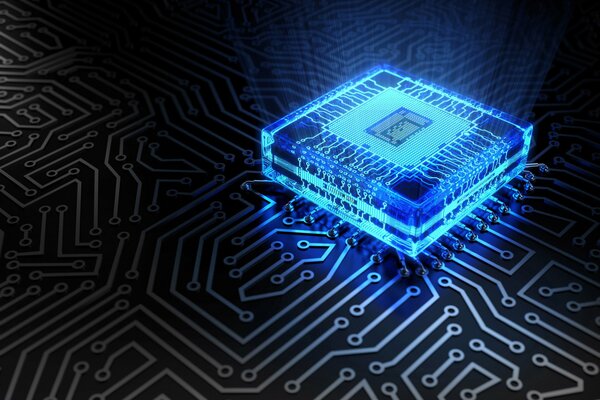 MICROCHIP de color azul brillante en la placa
