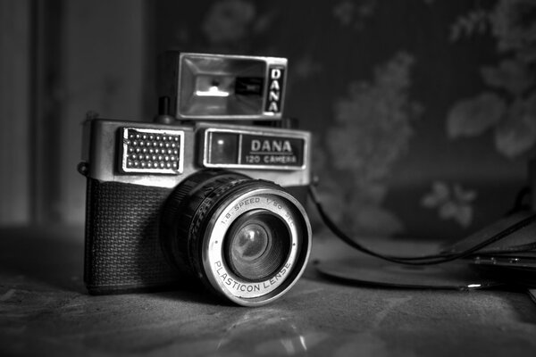 Retro photo in black and white, old film camera