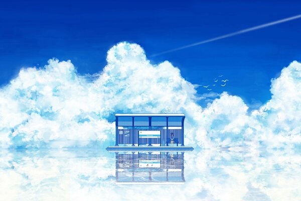 Maison bleue dans la surface miroir des nuages