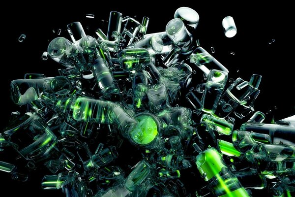 Fond de tas de débris spatiaux et liquide vert dans des bouteilles en verre