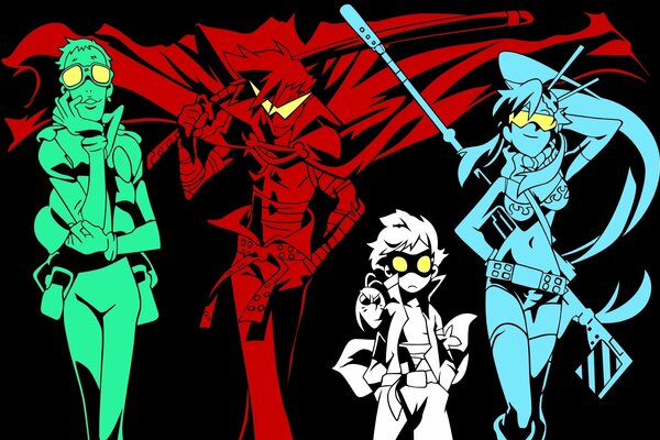 Personajes de anime dibujados en diferentes colores