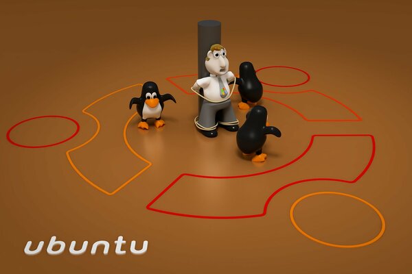Three plastic penguins walk around a man tied to a pole