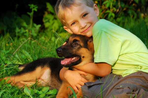 The friendship of a boy and a dog milota is a real friend