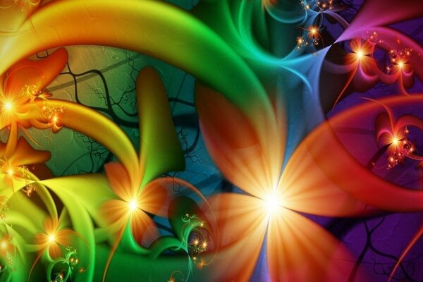 Fondo de fantasía con cintas de colores, flores y el resplandor de las rayas de colores