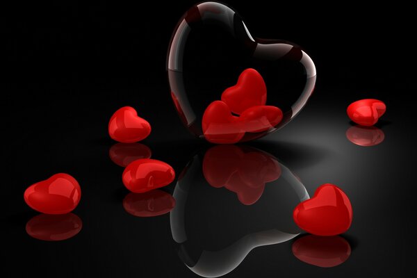 Red and transparent hearts on a black background