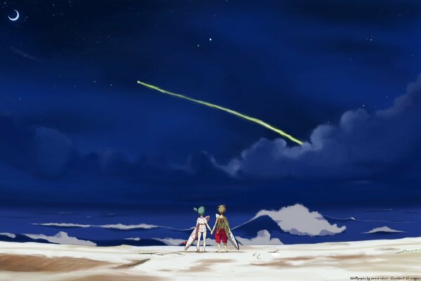 Disegno di una stella cadente in stile anime. La coppia guarda la caduta di una stella