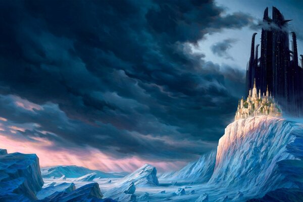 A large castle on a snowy mountain