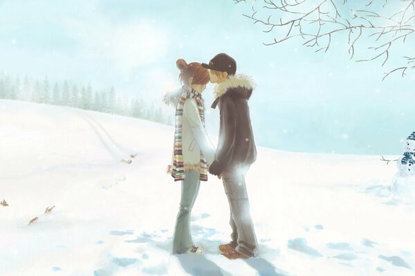 Влюбленные подростки на снежном поле
