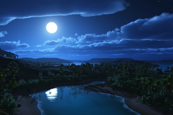 Sobre las colinas, el cielo nocturno con la Luna y su reflejo en el lago
