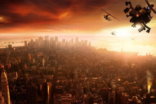 Großstadt und orange Sonnenuntergang