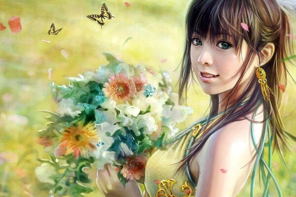 Fille avec un bouquet de fleurs sauvages, champ, papillon