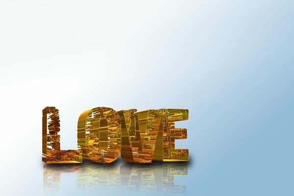 Złoty napis LOVE na biało-niebieskim tle. Odbicie wolumetrycznego napisu LOVE