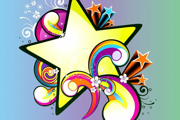 Estrella amarilla con salpicaduras multicolores