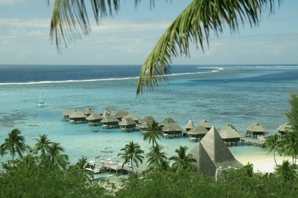 A resort in the middle of the ocean with straw houses