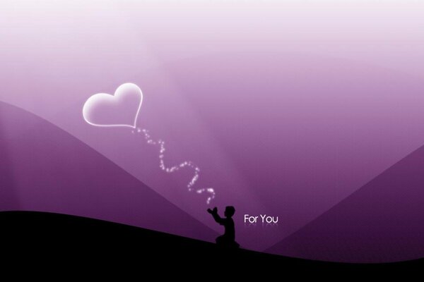 Silhouette of a boy with a heart ball on a lilac-purple background
