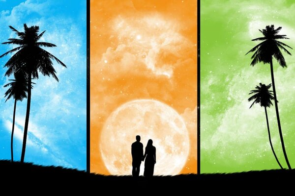 Silhouette d un couple amoureux sur fond de trois saisons de l année