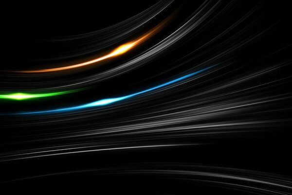 Sobre un fondo negro, líneas rojas, verdes, azules brillantes y trazos blancos