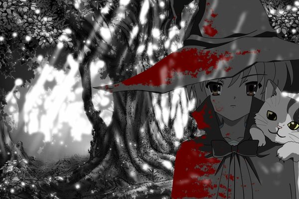 Anime girl dans un chapeau avec un chaton