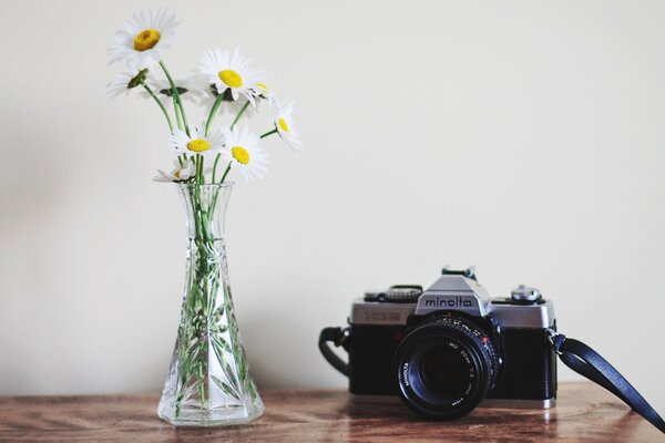 Appareil photo classique dans l objectif avec des fleurs
