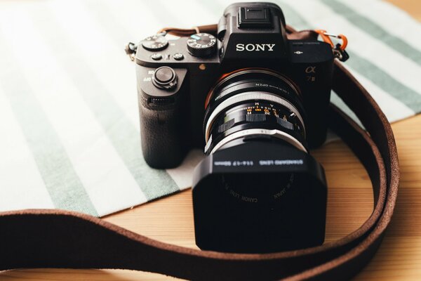 Sony a7m2 camera on a wooden table