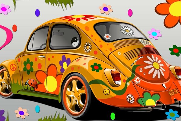 Hintergrund mit einem kleinen Auto, das mit hellen Farben, Frühlings- und Sommermustern bemalt ist