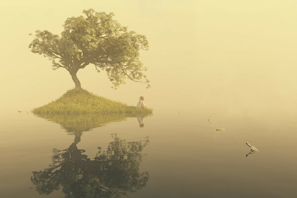 Chica sentada en una pequeña isla con un árbol en medio de un misterioso lago brumoso