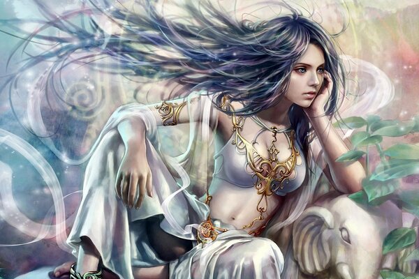 Bellezza orientale con i capelli blu a pensare