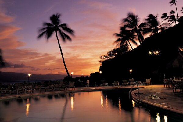 Puesta de sol en una isla tropical con un fondo de palmeras